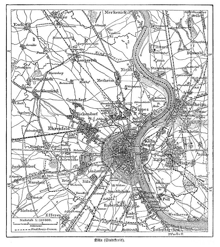 科隆地图，德国，出自Brockhaus的《conversations - lexkon 1898》